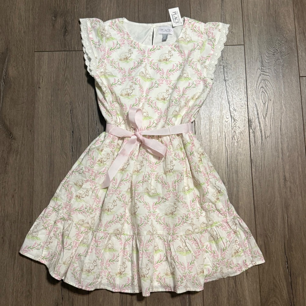 The Childrens Place Girls White Pink Bunny Floral Eyelet Dress Size 14 XL NWT